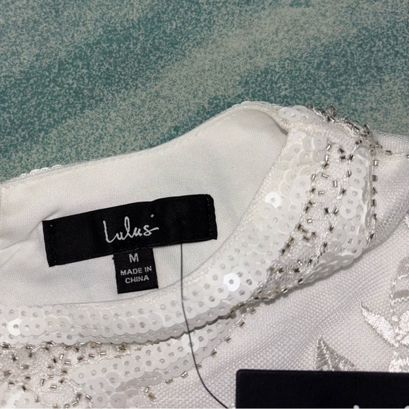 Lulus Spread Your Shine White Sequin Embroidered Bodycon Dress size M NwT - Picture 7 of 11